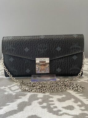 MCM Visetos Tracy Black Crossbody Wallet with Authentic MCM Silver Chain